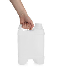 Woman holding canister on white background