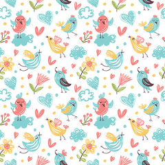 Seamless summer pattern with cute birds, flowers and clouds.
