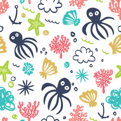 Summer seamless background with octopuses, corals, starfish and shells.