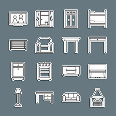 Set line Interior fireplace, Grand piano, Wooden table, Wardrobe, Armchair, Chest of drawers, Picture frame on and icon. Vector