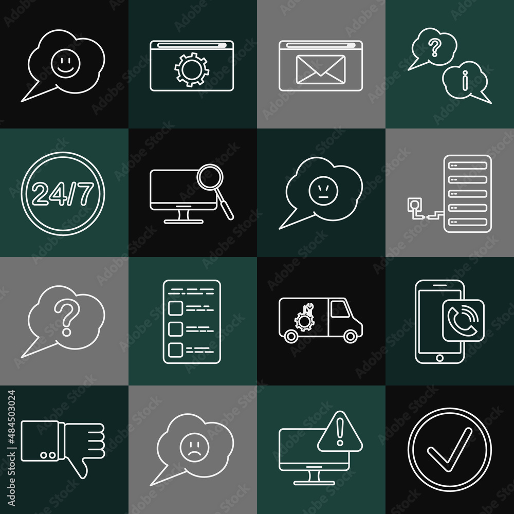 Poster set line check mark in circle, mobile phone call, server, mail and e-mail, computer monitor diagnost