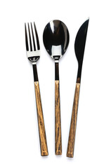 Set of stainless steel cutlery with wooden handle on white background