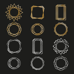 Gold and silver frames on a  black background. Geometric figures. Modern gold  and silver stripes.Vector illustration.