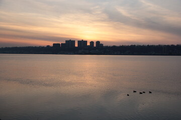 sunset over the city with Ducks swimming along the river
