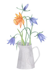 Watercolor botanical collection wild flowers in watering can and jug. Hand drawn flowers, Campanulaceae, herbs and natural elements. For birthday, wedding card, invitation, greeting, mother day.