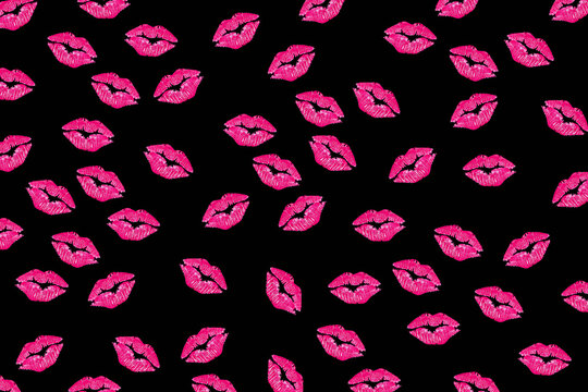 Sexy lip prints with pink lipstick isolated on black background,Conceptual,Illustration work
