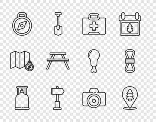 Set line Camping gas stove, Location of the forest, First aid kit, Road traffic signpost, Compass, Picnic table with benches, Photo camera and Climber rope icon. Vector