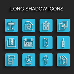 Set line House plan, Location key, Hanging sign with Rent, For, Skyscraper and Closed door icon. Vector