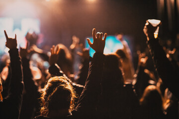 crowd at concert and silhouettes in stage lights