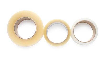 Rolls of adhesive tape on white background, top view