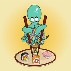 Octopus with chopsticks and sushi