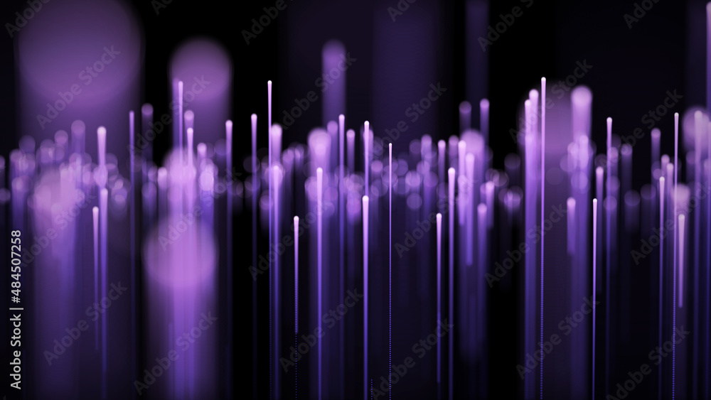 Poster Light rays falling down. Abstract rods with purple circles. Neon technology flow background. Blurred bokeh background. 3d rendering.