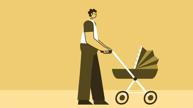 Yellow Style Man Flat Character Walking with Pram Baby Carriage. Isolated Loop Animation with Alpha Channel