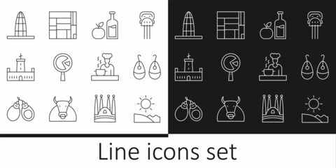 Set line Beach, Earrings, Apple cider bottle, Omelette frying pan, Montjuic castle, Agbar tower, Spanish cook and House Edificio Mirador icon. Vector