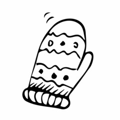 Winter mitten in the doodle style. Vector illustration isolated on a white background. Perfect for a postcard, sticker, coloring book or as a label for a knitted product