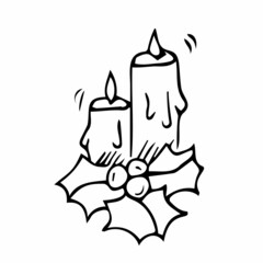 Candles and holly - vector linear illustration for coloring. Outline. Pair of candles and holly evergreen symbol of Christmas for coloring.