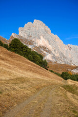 Fototapeta na wymiar Autumn alpine landscape of Odle Group in the Dolomites, Italy, Europe