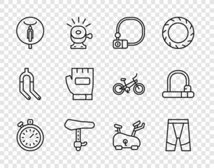 Set line Stopwatch, Cycling shorts, Bicycle lock, seat, Gloves, Stationary bicycle and icon. Vector