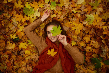 Gorgeous woman in fallen autumn leaves portrait