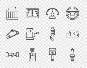 Set line Chassis car, Car spark plug, Speedometer, key with remote, air filter, pump, Engine piston and mirror icon. Vector
