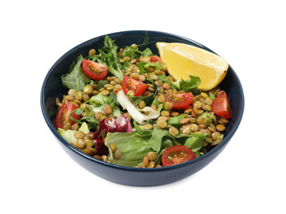 Bowl of delicious salad with lentils and vegetables isolated on white