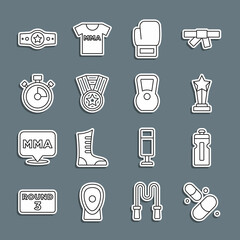 Set line Vitamin pill, Fitness shaker, Award cup, Boxing glove, Medal, Stopwatch, belt and Kettlebell icon. Vector