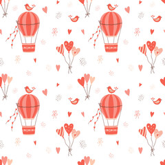 Valentine's Day Seamless pattern with flying hot air balloon, birds, hearts. Color vector illustration on a white background. Perfect for wrapping paper, baby textiles