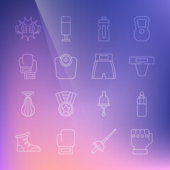Set line MMA glove, Punching bag, Groin guard, Fitness shaker, Bathroom scales, Boxing, boxing gloves and short icon. Vector
