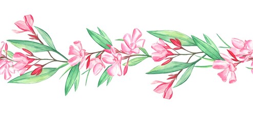 Watercolor garland of oleander flowers and leaves on a white background.