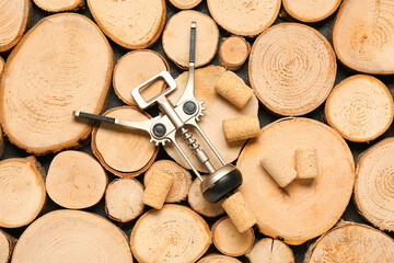 Wine corks and opener on wooden background
