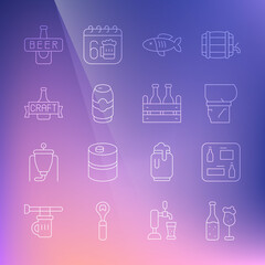Set line Beer bottle and glass, menu, belly, Dried fish, can, and Pack of beer bottles icon. Vector