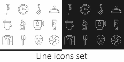 Set line Flower, Cream or lotion cosmetic tube, Sauna ladle, Essential oil bottle, mittens, Hairbrush, Cup of tea with tea bag and clock icon. Vector