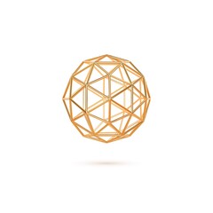 3d sphere gold grid. Faceted ball isolated.Golden geometric element. Realistic vector illustration.