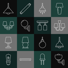 Set line Wall lamp or sconce, Lamp hanging, Chandelier, and Led track lights lamps icon. Vector