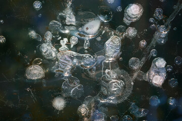 Texture of ice on a frozen  lake, macro. Frozen air bubbles.  Winter abstract  background. Fancy...