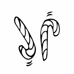 Obraz premium Vector illustration. Hand drawn doodle of Christmas candy cane. Santa's stripes cane. Cartoon sketch. Isolated on white background