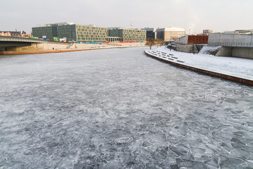 Ice tiles patterns texture background on frozen Spree river in Berlin