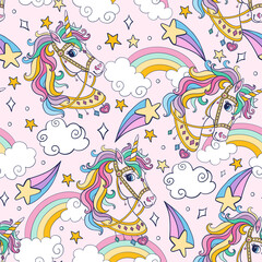 Cute unicorns head with elements vector seamless pattern