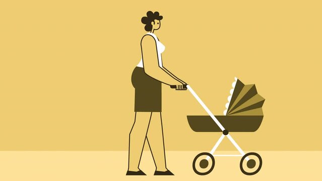 Yellow Style Woman Flat Character Walking with Pram Baby Carriage. Isolated Loop Animation with Alpha Channel