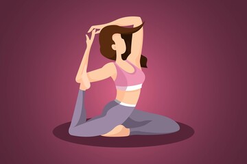 Vector illustration with woman doing physical activity. Healthy girl in leggings and sports bras. Fitness, yoga and meditation. Healthy lifestyle at home and in the studio