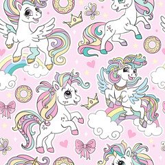Cute unicorns with magic elements vector seamless pattern pink