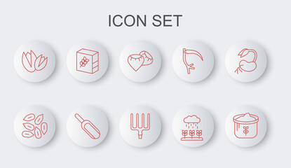Set line Bag of flour, Seed, Plant sprouts grow in the rain, Pistachio nuts, Flour pack, Scoop and Garden pitchfork icon. Vector