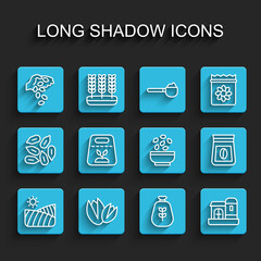 Set line Agriculture wheat field, Pistachio nuts, Seed, Bag of flour, Farm house, Pack full seeds plant, coffee beans and Seeds in bowl icon. Vector