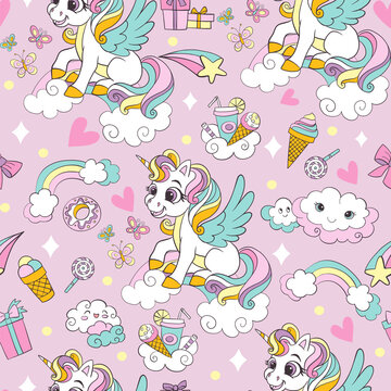 Cute winged unicorns with magic elements vector seamless pattern