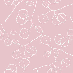 Seamless botanical doodle-style pattern with eucalyptus branches on pink. Suitable for wrapping paper, various textiles, and as a background for printing.