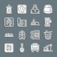 Set line Oil pump or pump jack, Ramadan drum, Medieval goblet, Muslim man, Traditional carpet, Speaker mute, Kareem lantern and prays icon. Vector