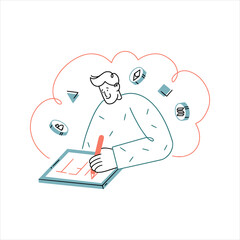 Vector hand drawn illustration. Crypto artist is drawing on tablet the word nft art. Coins of bitcoin and ethereum are flying around with some random figures.