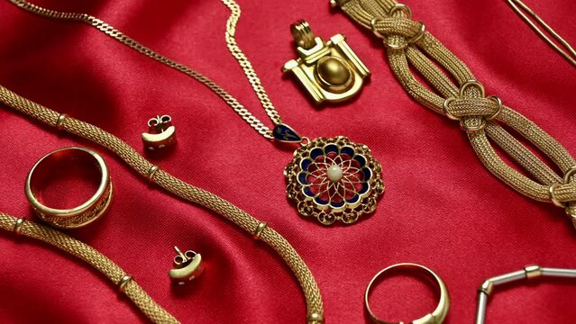 unique jewelry pieces on red satin