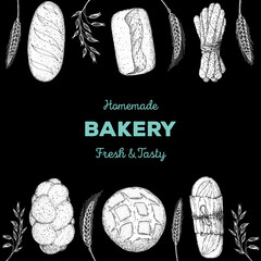 Bakery sketch. Illustration of different baked goods. Hand drawn vector illustration. Background template for design. Engraved food image. Hand drawn sketch with bread, pastry, sweet.