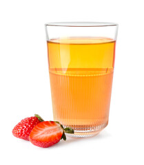 Glass of tasty strawberry kombucha on white background